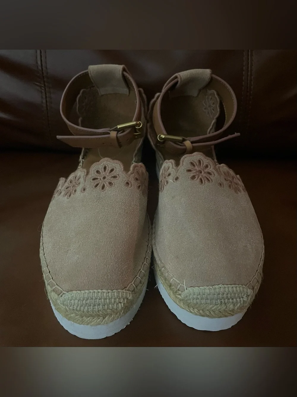 See by Chloé Glyn Suede Floral Espadrille Platform Shoes Pink EU 39 Excellent!